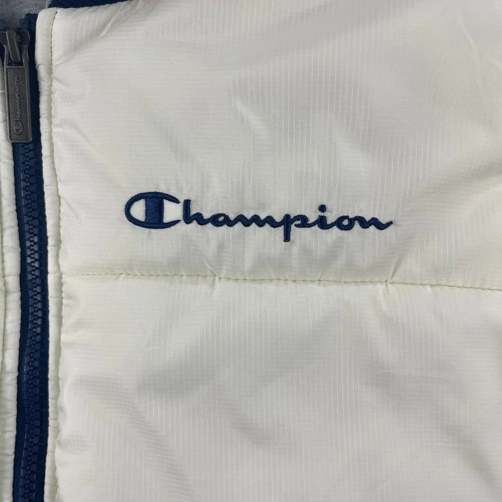 Champion Men's XL White Blue Hooded Puffer Vest Colorblock J4380 Quilted‎